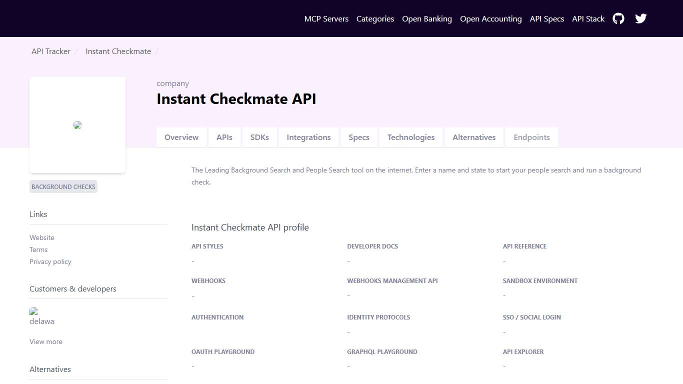 Instant Checkmate API - Developer docs, APIs, SDKs, and auth. | API Tracker